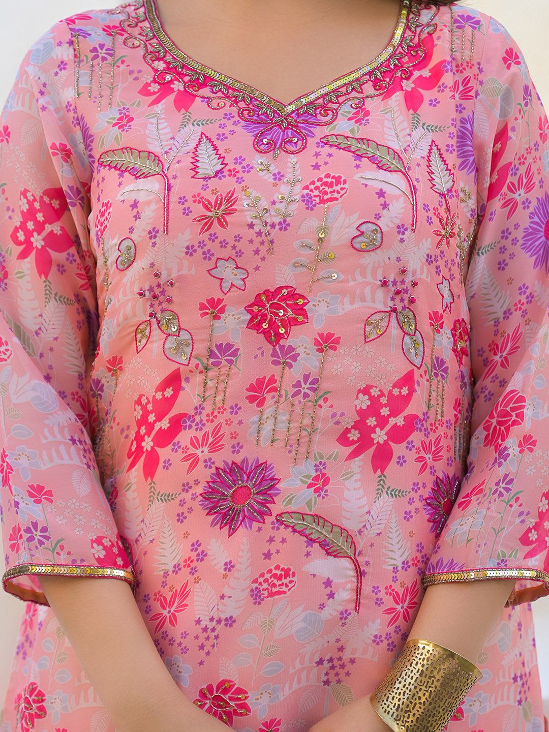 Neck Embroidery Georgette Kurta With Sharara And Dupatta