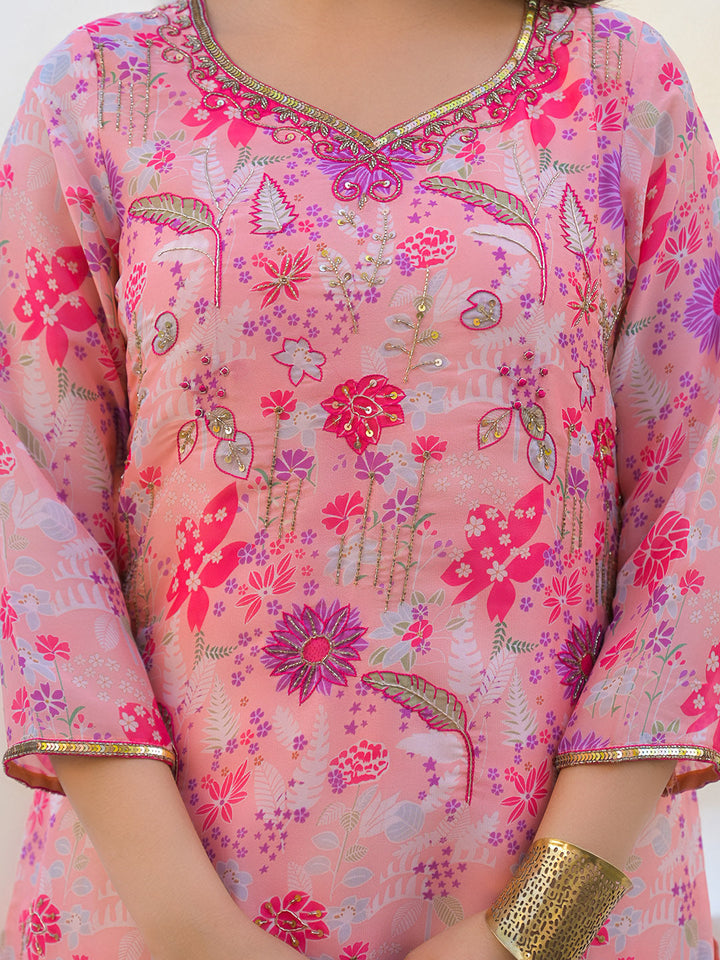 Neck Embroidery Georgette Kurta With Sharara And Dupatta