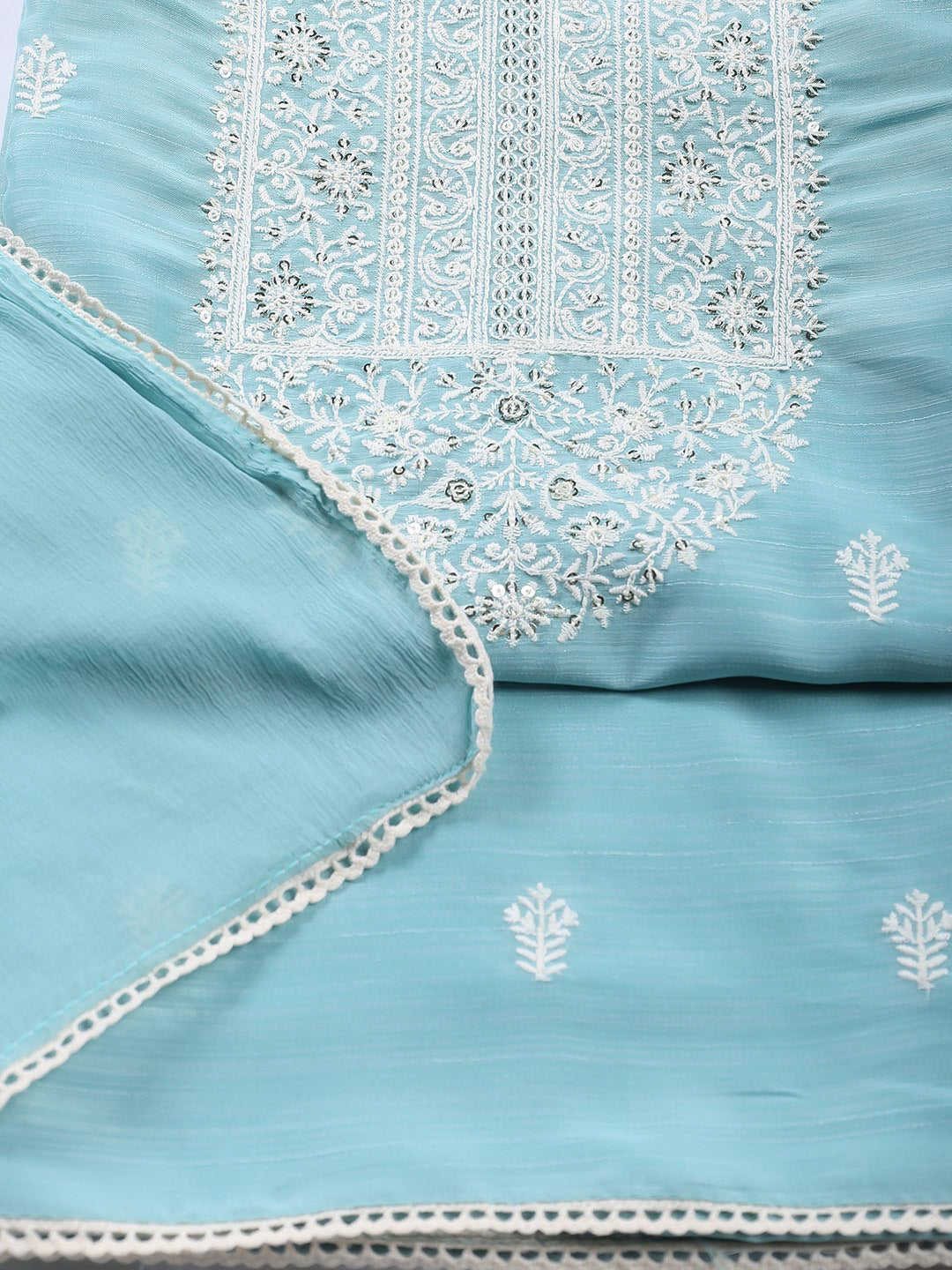 Neck Embroidered Chanderi Unstitched Suit With Dupatta