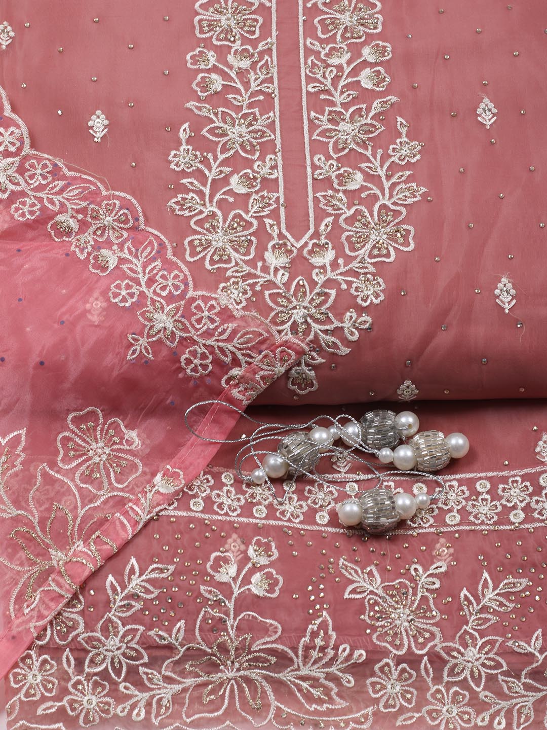 Neck Embroidery Organza Unstitched Suit Piece With Dupatta