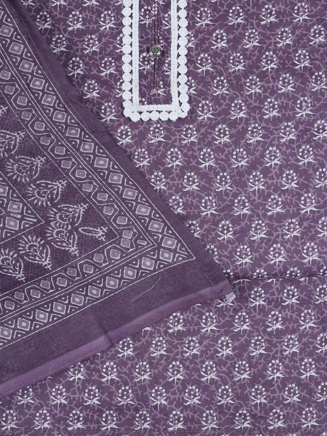 Neck Work Cotton Blend Unstitched Suit With Dupatta