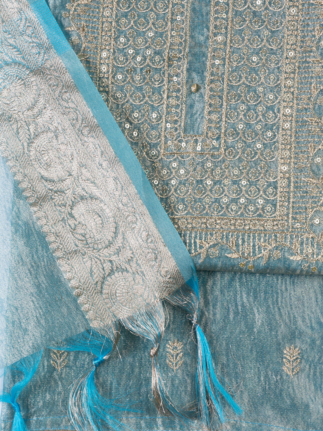 Neck Embroidered Tissue Unstitched Suit Piece With Dupatta