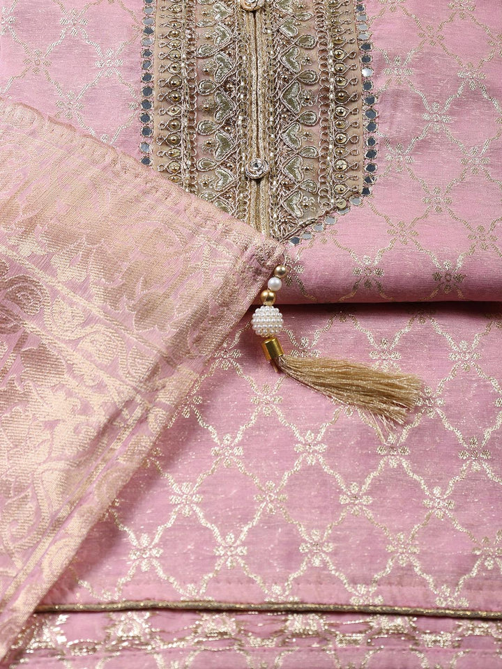 Neck Patti Printed Chanderi Unstitched Suit With Dupatta