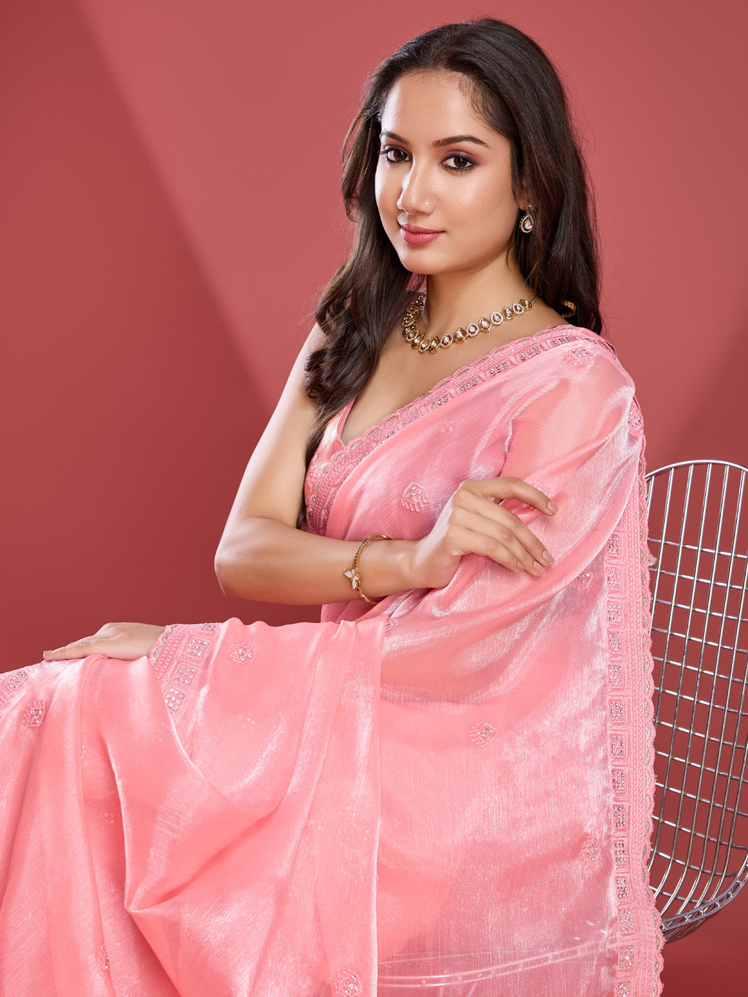 Embroidered Chinon Saree
