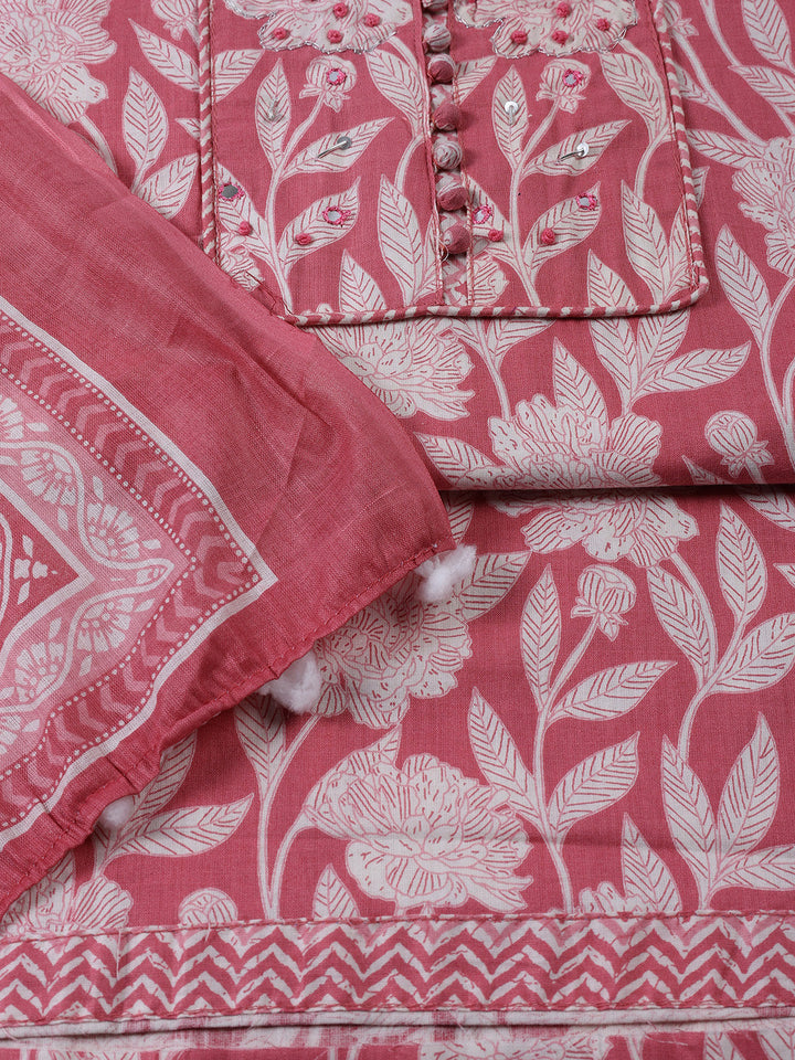 Printed Cotton Blend Unstitched Suit With Dupatta