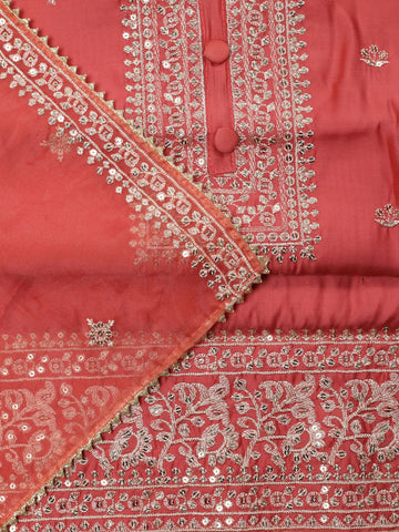 Neck Embroidered Chanderi Unstitched Suit With Dupatta