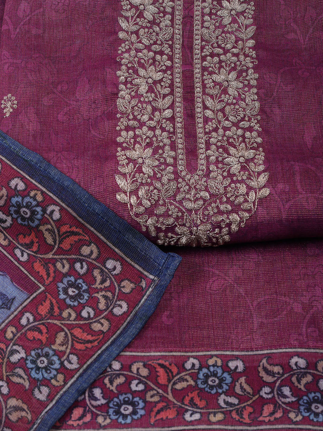 Neck Embroidered Chanderi Unstitched Suit With Dupatta