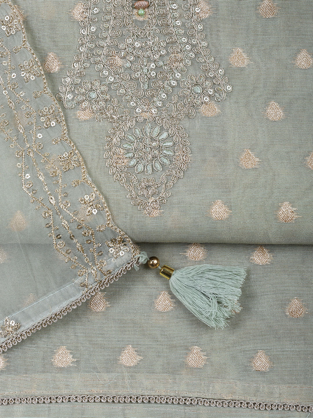Neck Embroidered Tissue Unstitched Suit Piece With Dupatta