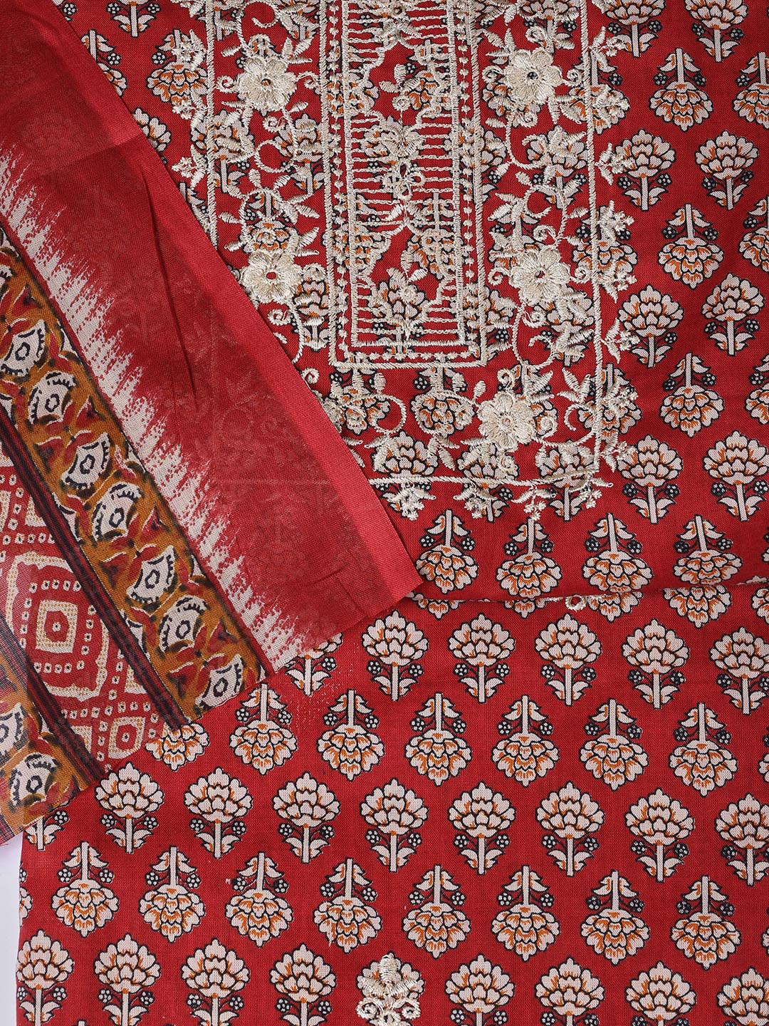 Floral Printed Cotton Unstitched Suit With Dupatta