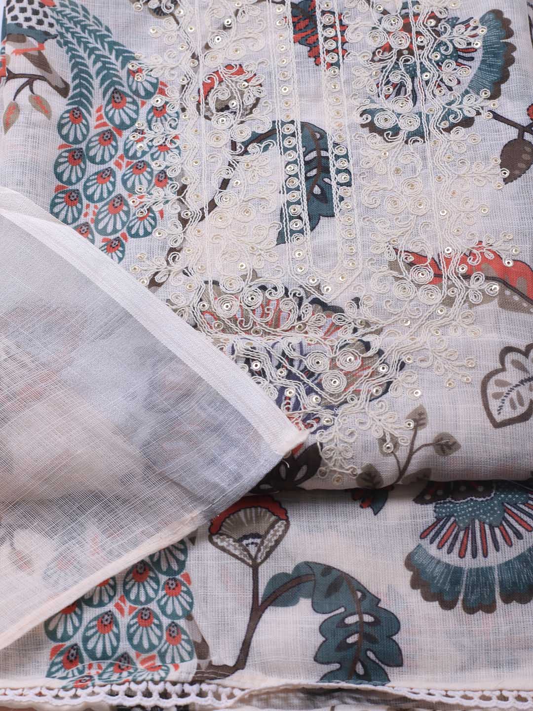 Patch Neck Linen Unstitched Suit Piece With Dupatta