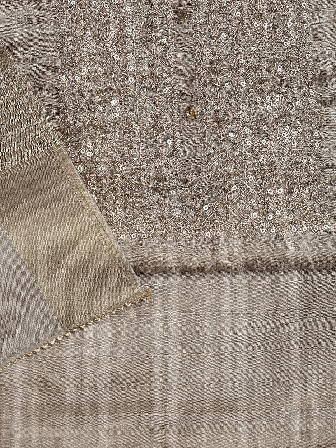 Neck Embroidery Art Tussar Unstitched Suit With Dupatta