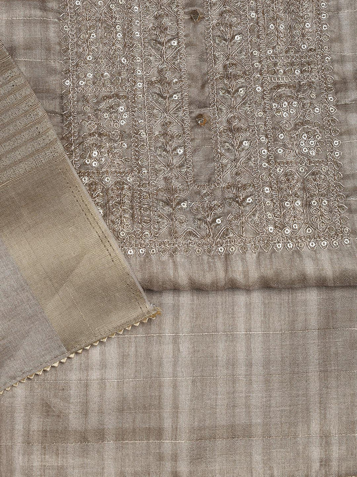 Neck Embroidery Art Tussar Unstitched Suit With Dupatta