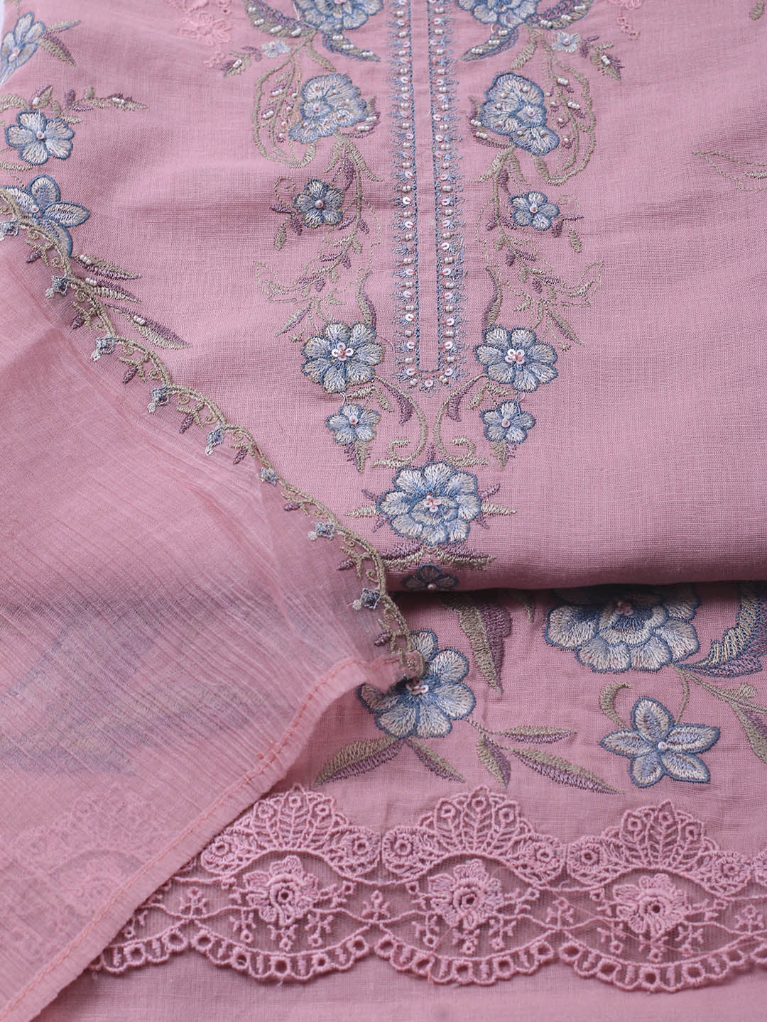 Embroidery Linen Unstitched Suit With Dupatta