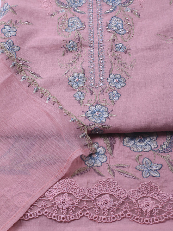 Embroidery Linen Unstitched Suit With Dupatta