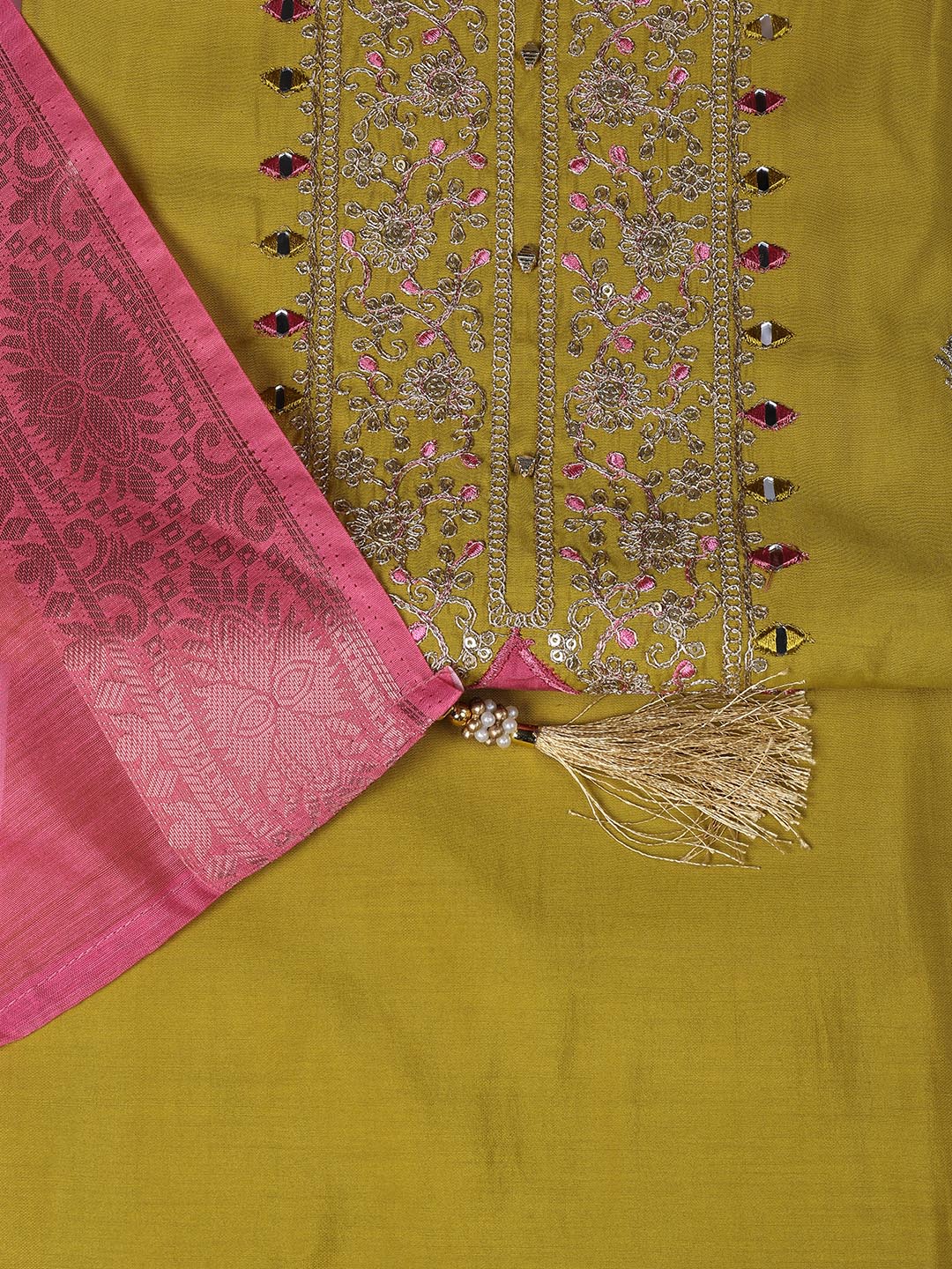 Neck Embroidery Chanderi Unstitched Suit With Dupatta