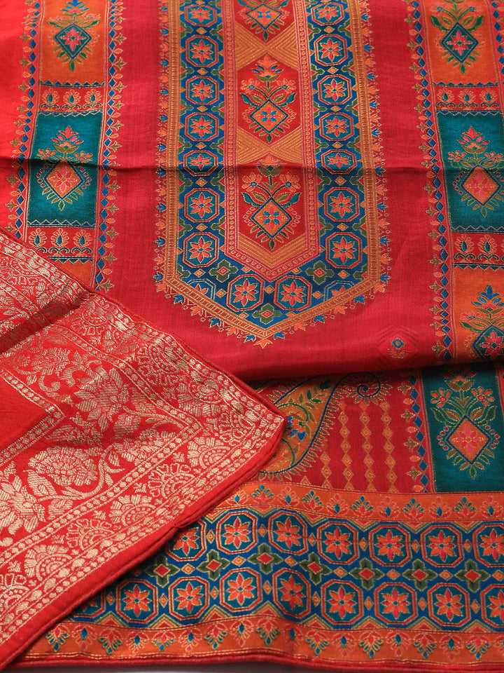 Embroidered Art Silk Unstitched Suit Piece With Dupatta