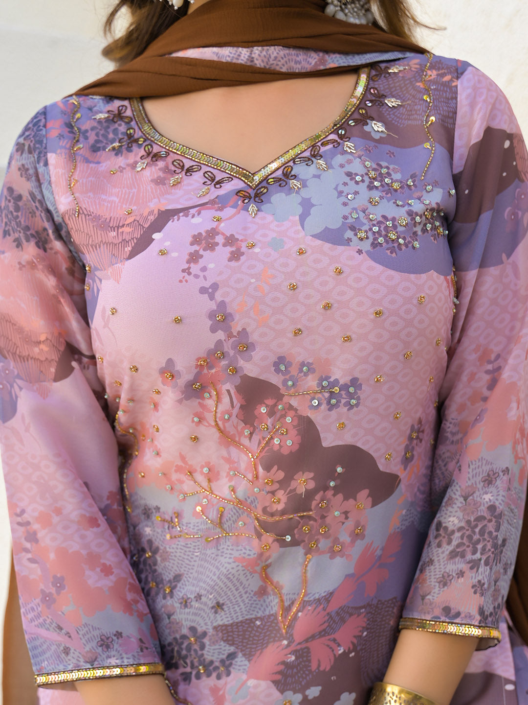 Neck Embroidery Georgette Kurta With Sharara And Dupatta