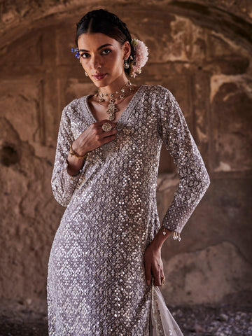 Resham Sequin Embroidery Georgette Kurta With Pants & Dupatta