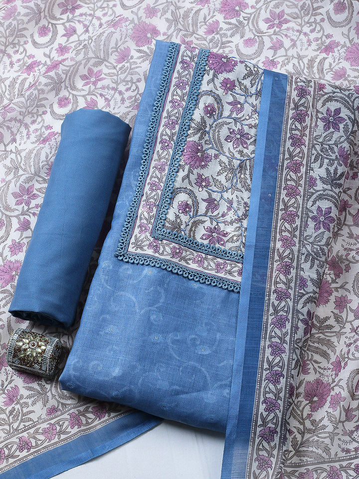 Embroidered Cotton Blend Unstitched Suit With Pant &amp; Dupatta