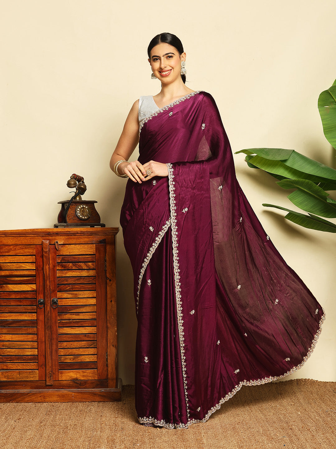 Thread Embroidered Chinnon Saree