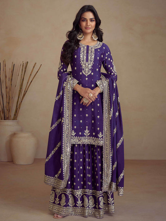 Sequins Embroidery Art Silk Kurta With Palazzo And Dupatta