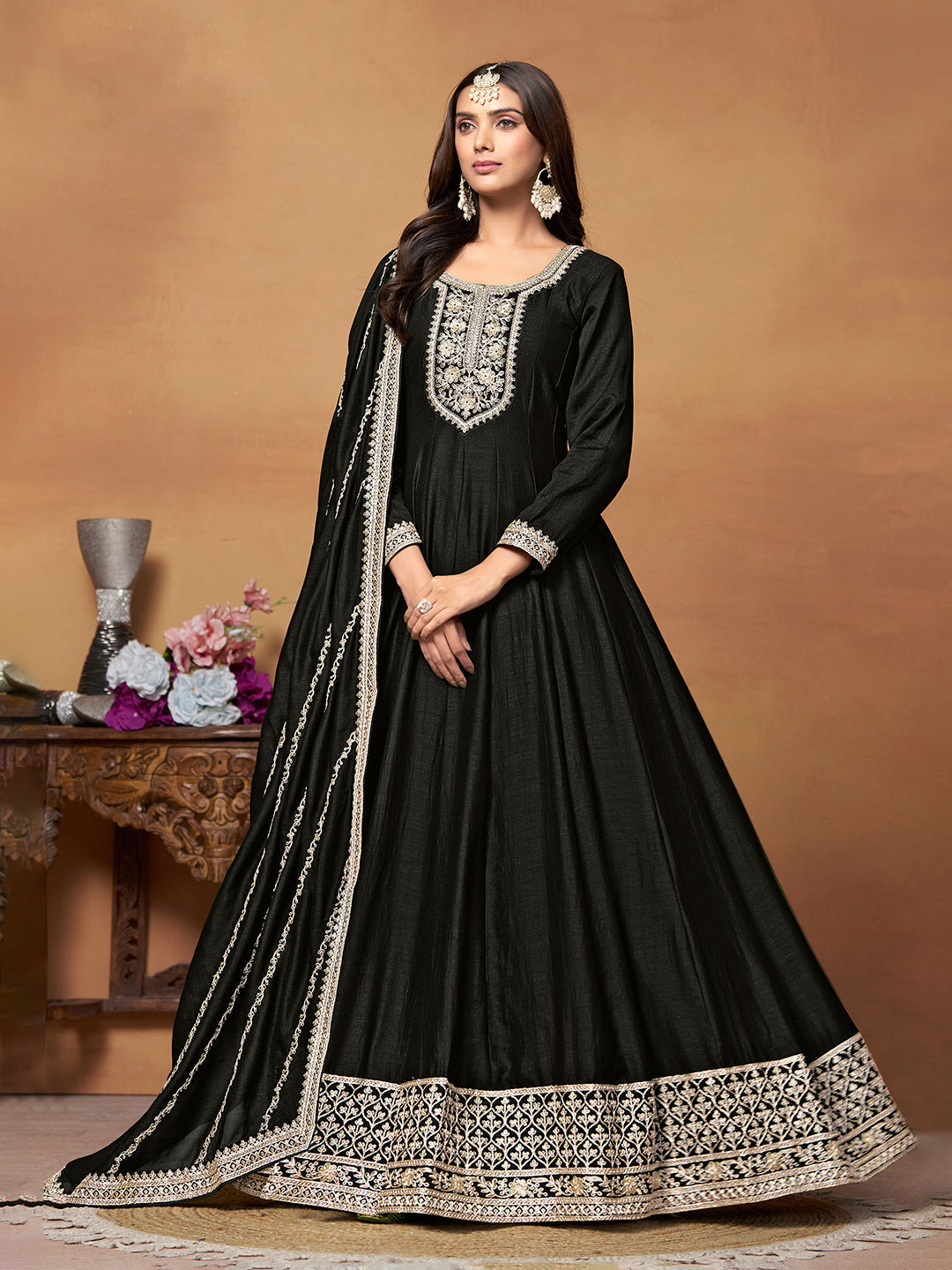Embroidered Art Silk Semi Stitched Kurta With Salwar &amp; Dupatta
