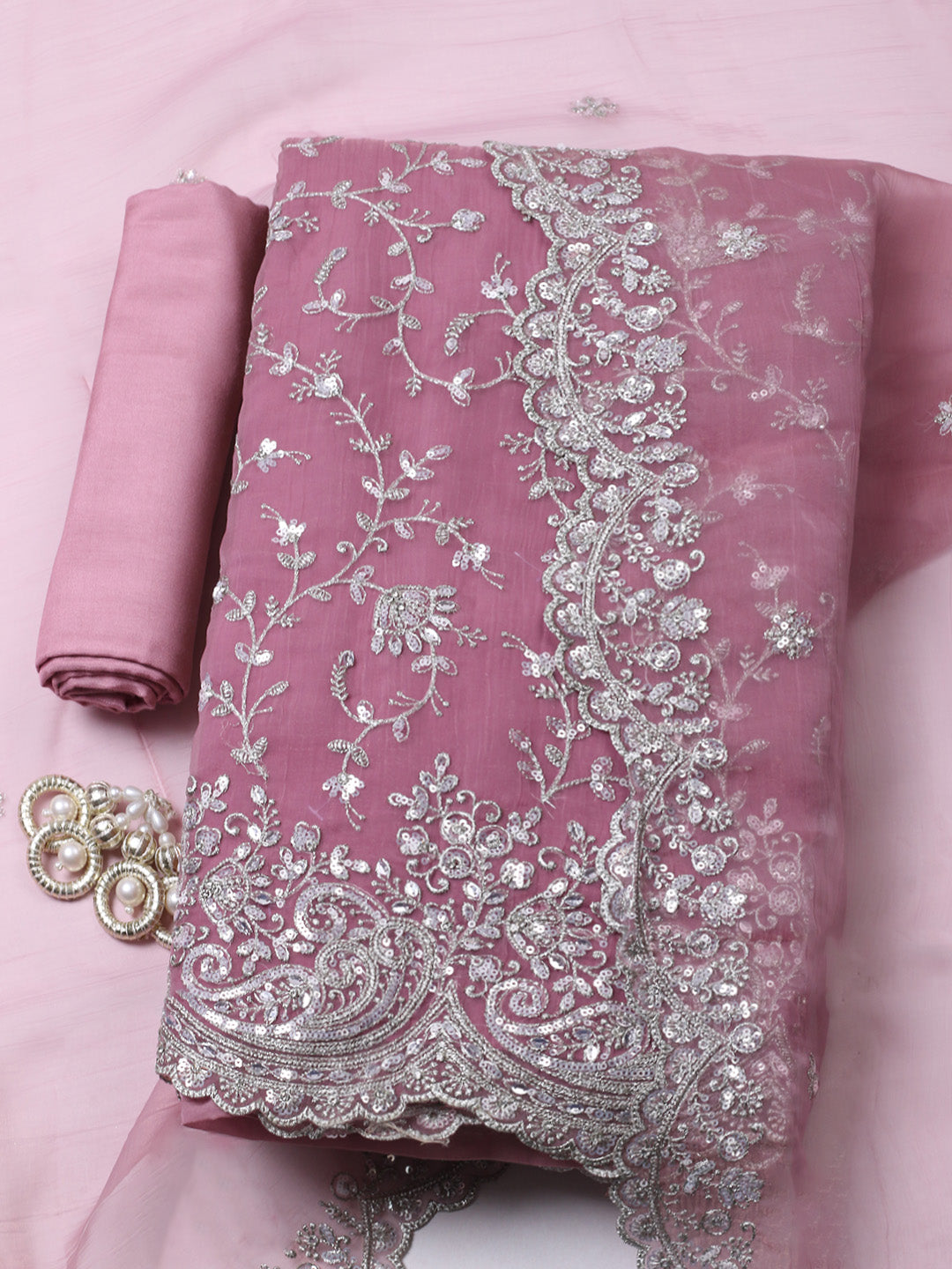 Embroidered Organza Unstitched Suit With Pant &amp; Dupatta