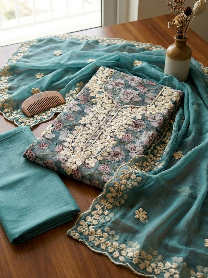 Printed Cotton Blend Unstitched Suit With Pant &amp; Dupatta