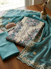 Printed Cotton Blend Unstitched Suit With Pant & Dupatta