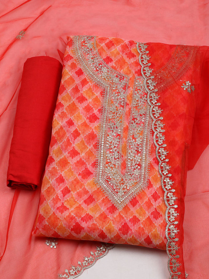 Neck Embroidered &amp; Printed Organza Unstitched Suit With Dupatta