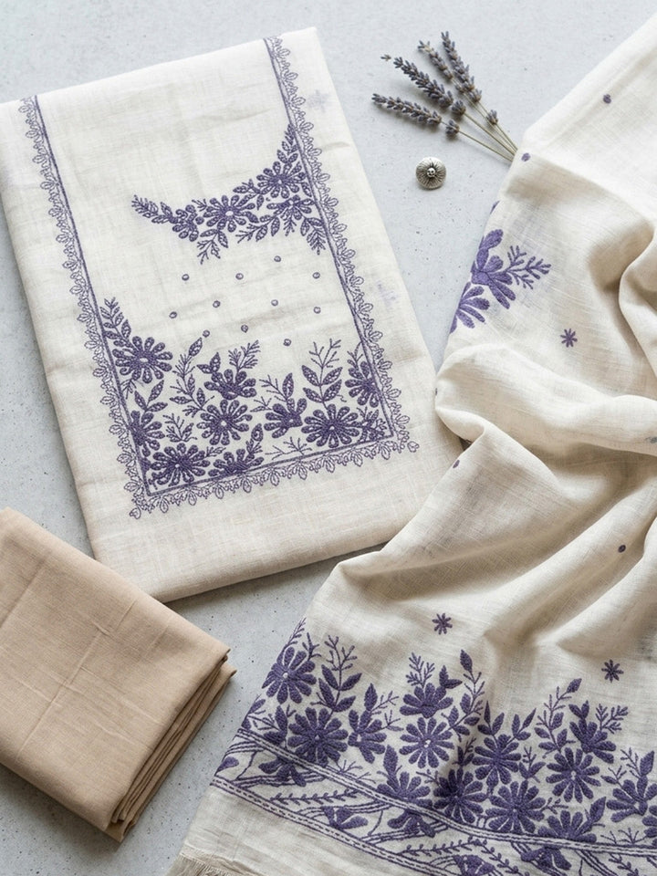 Printed Linen Blend Unstitched Suit With Pant &amp; Dupatta