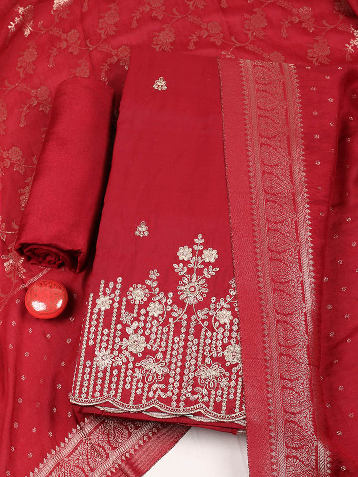 Embroidered Chanderi Unstitched Suit With Pant &amp; Dupatta