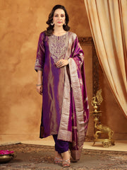 Neck Zari Embroidery Tissue Kurta With Pants & Dupatta