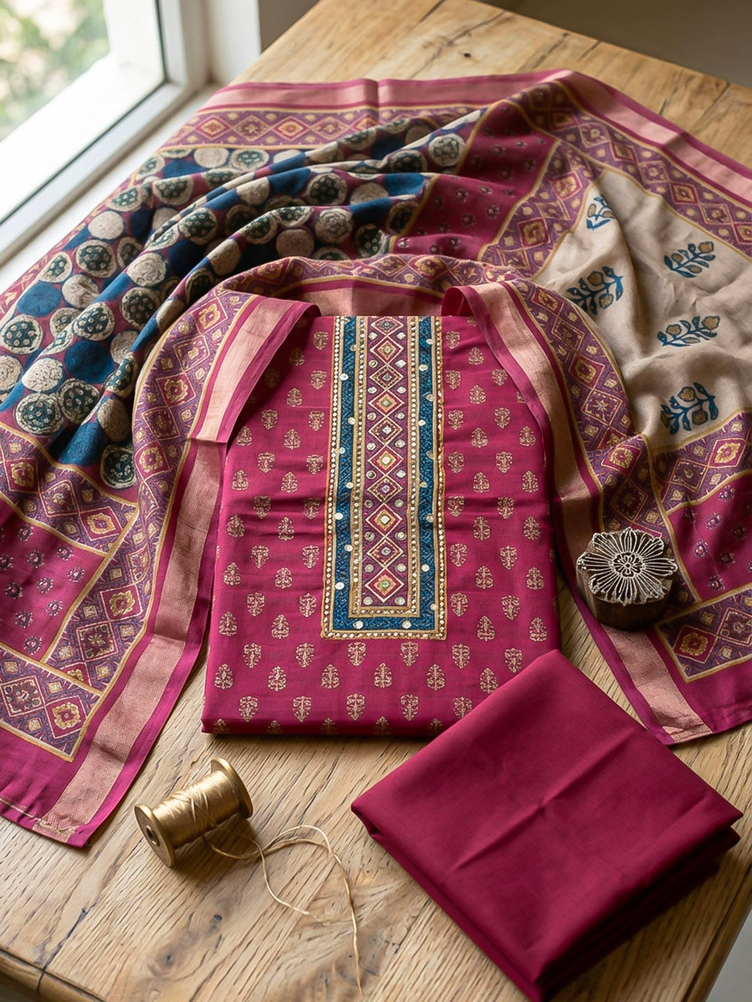 Embroidered Art Silk Unstitched Suit With Pant &amp; Dupatta