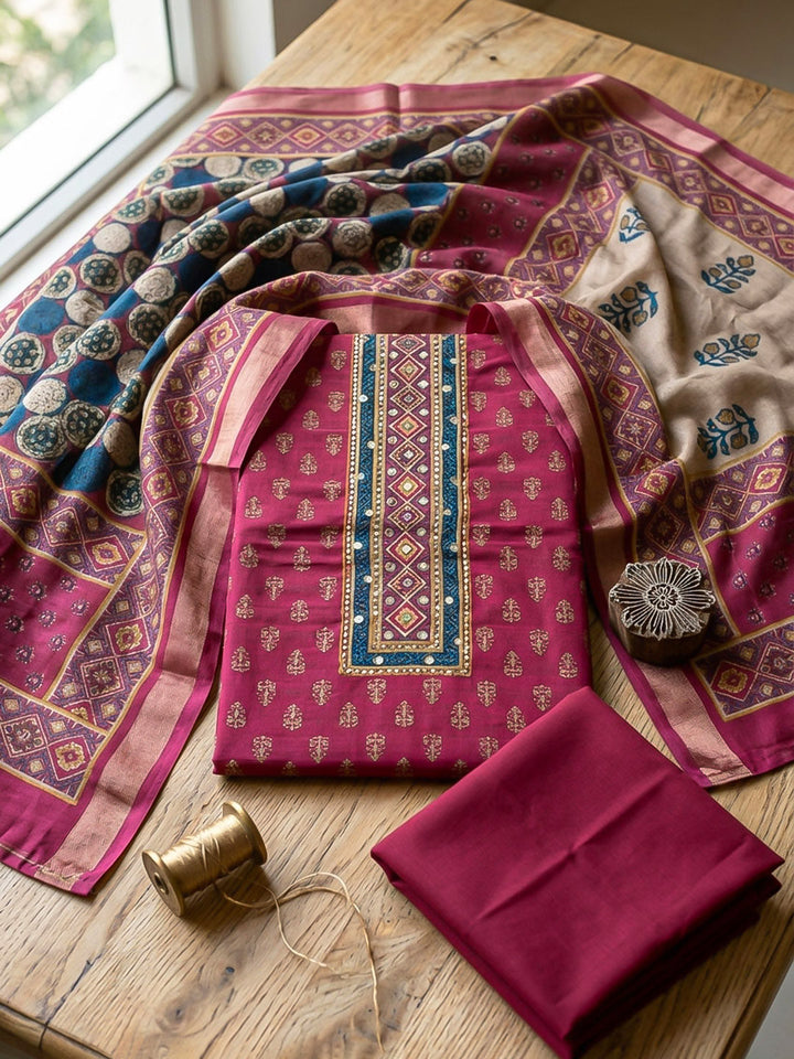 Embroidered Art Silk Unstitched Suit With Pant &amp; Dupatta