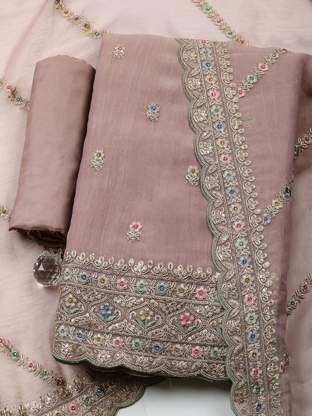 Embroidered Tissue Unstitched Suit With Pant &amp; Dupatta