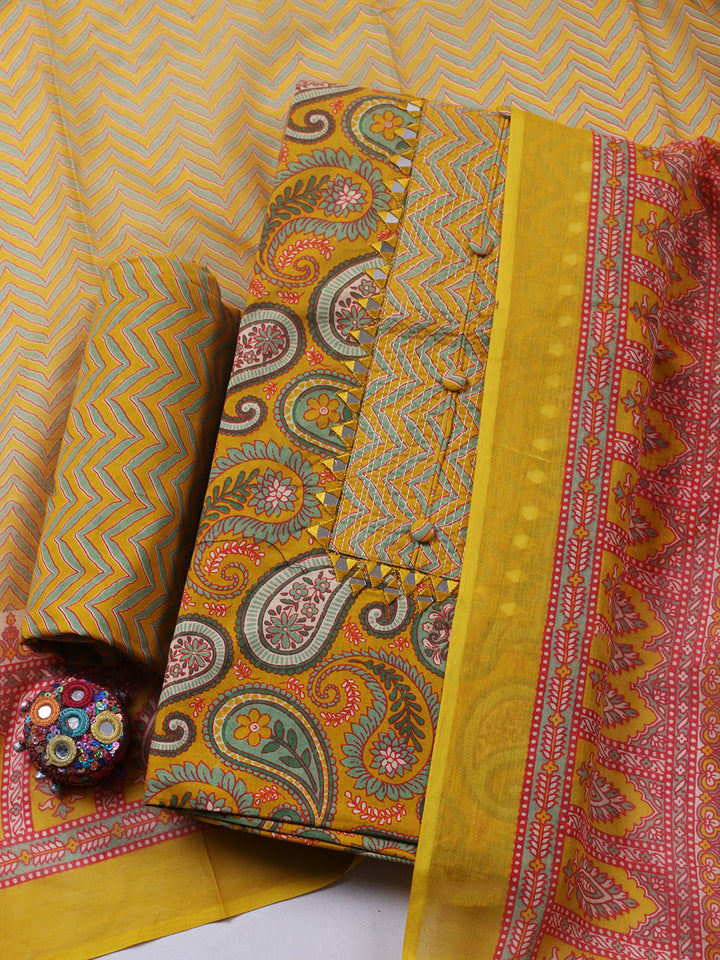 Embroidered Cotton Blend Unstitched Suit With Pant &amp; Dupatta