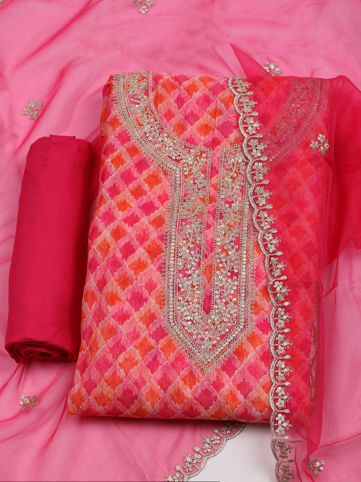 Neck Embroidered &amp; Printed Organza Unstitched Suit With Dupatta