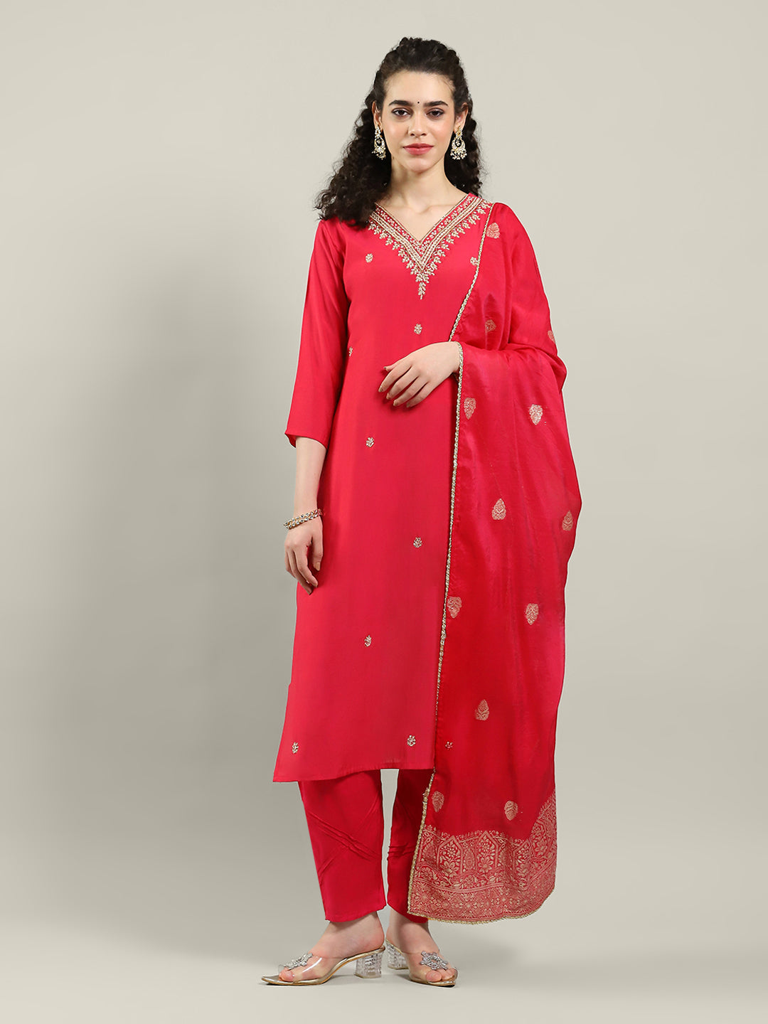 Embroidered Cotton Blend Kurta With Pants &amp; Dupatta