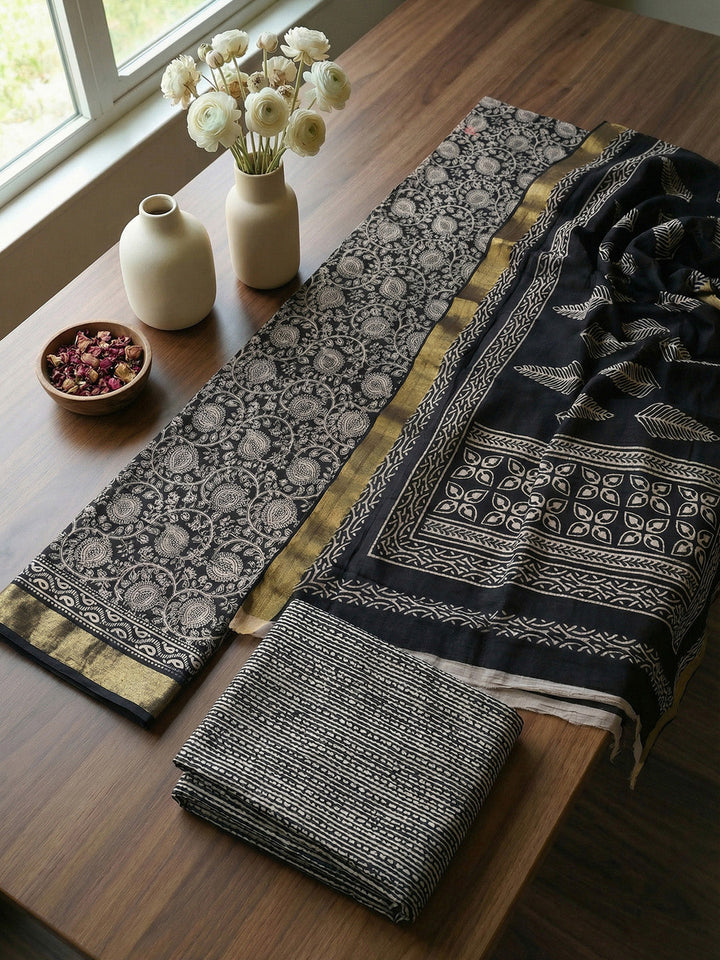Printed Cotton Blend Unstitched Suit With Pant &amp; Dupatta