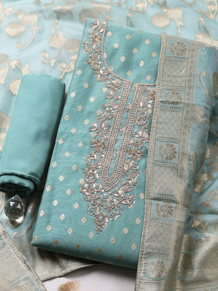 Embroidered Chanderi Unstitched Suit With Pant &amp; Dupatta