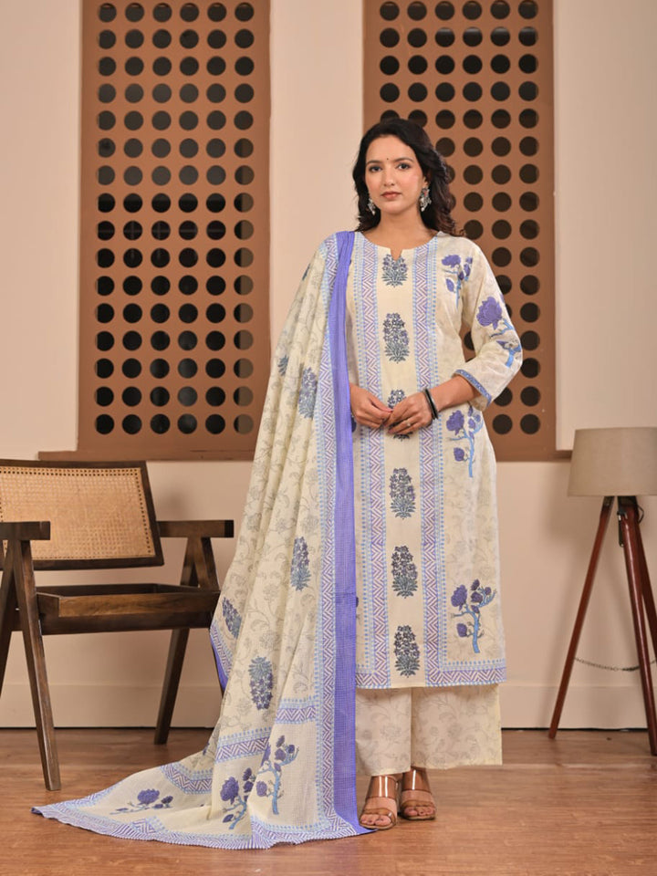 Blue Printed Cotton Blend Straight Suit Set With Dupatta