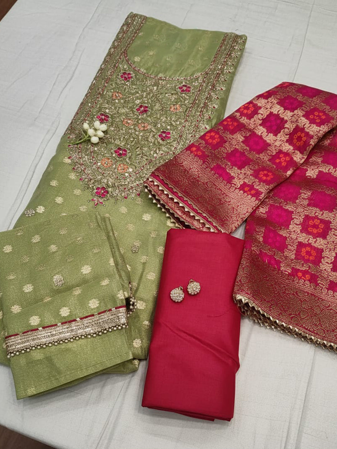 Embroidered Chanderi Unstitched Suit With Pant &amp; Dupatta