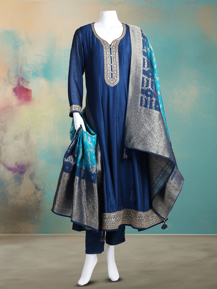 Embroidered Art Silk Kurta With Pant &amp; Dupatta