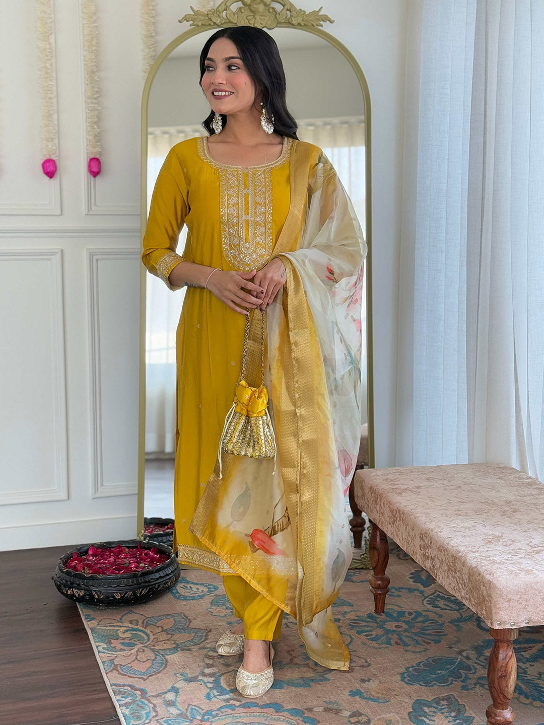 Embroidery Cotton Blend Kurta With Pants & Dupatta