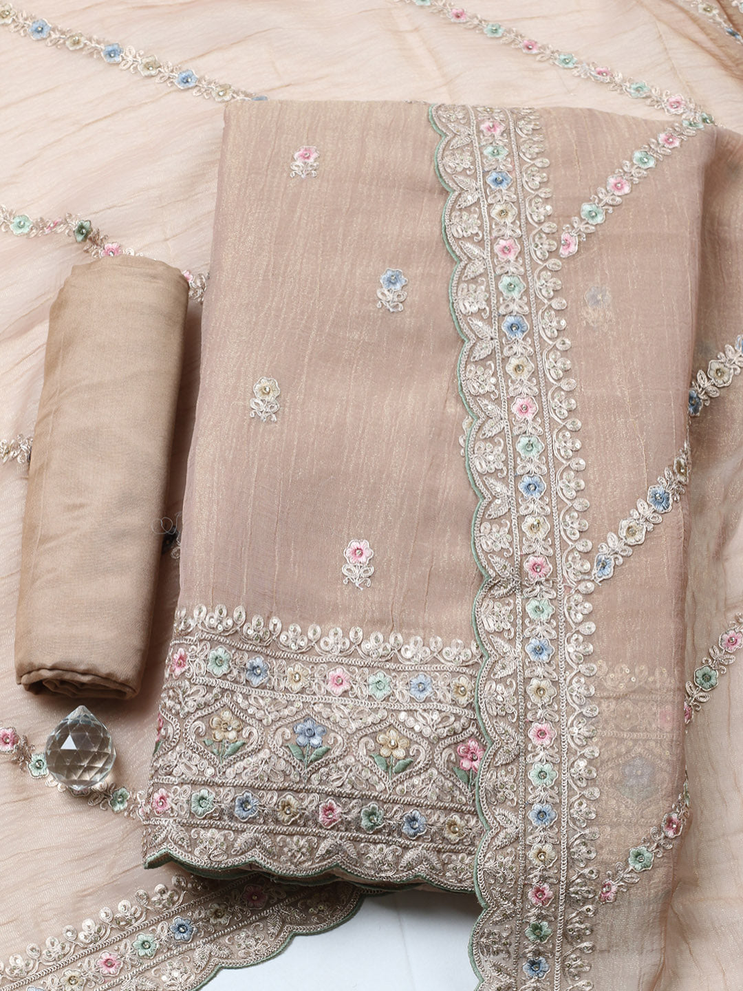 Embroidered Tissue Unstitched Suit With Pant &amp; Dupatta