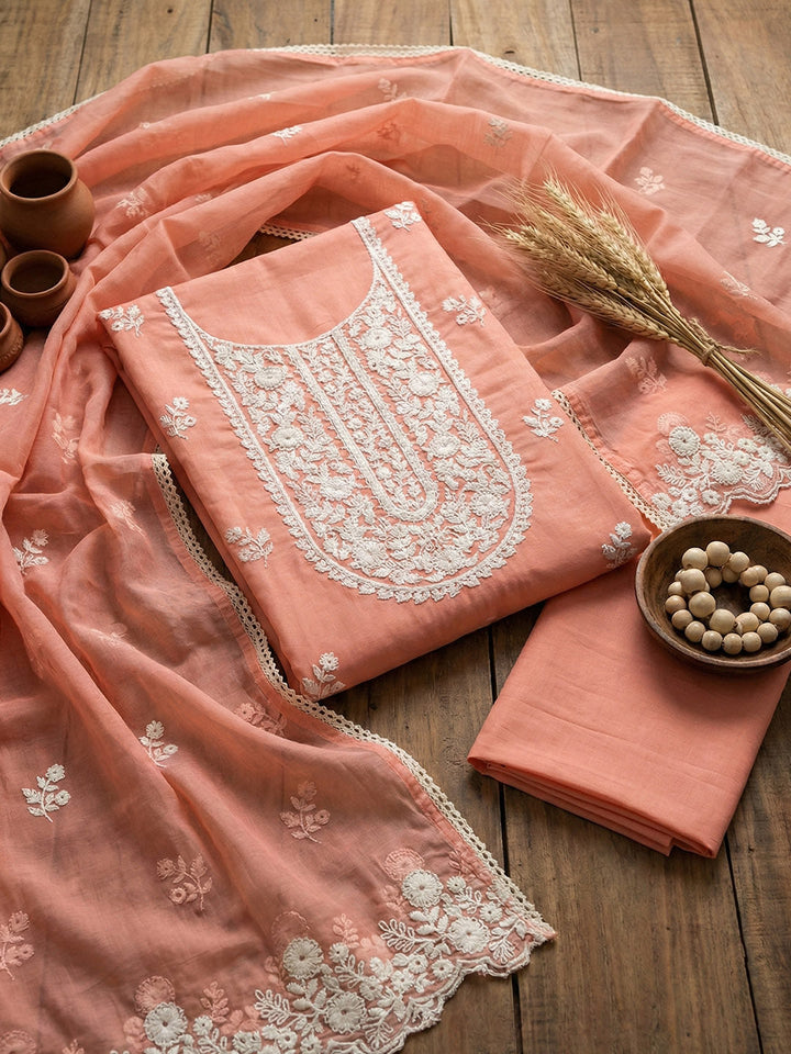 Embroidered Cotton Blend Unstitched Suit With Pant &amp; Dupatta