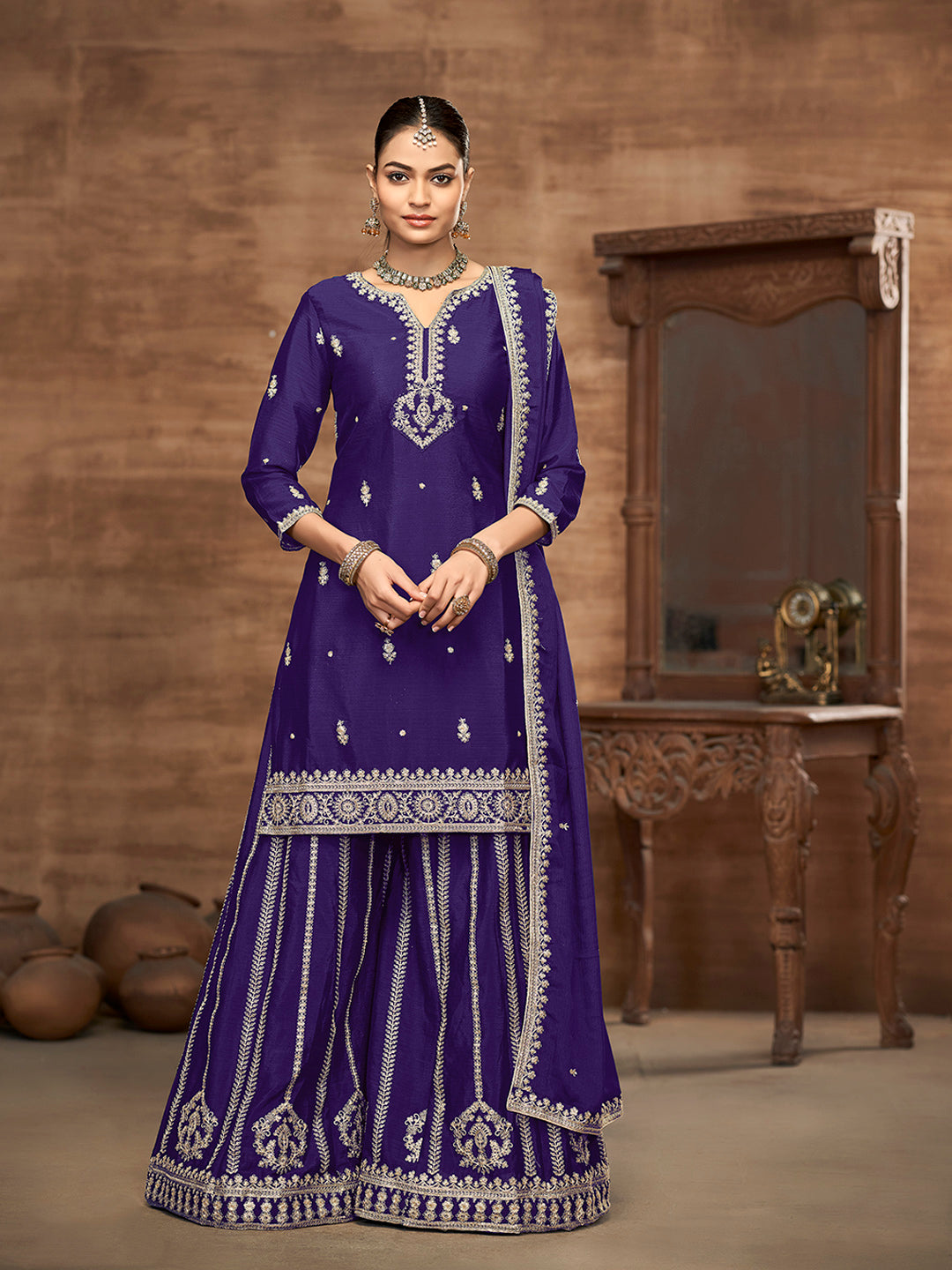 Embroidered Chinnon Kurta With Plazzo &amp; Dupatta