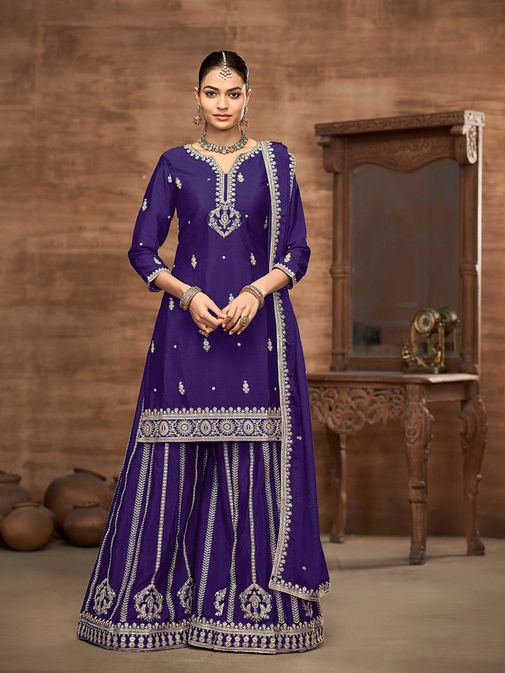 Embroidered Chinnon Kurta With Plazzo &amp; Dupatta