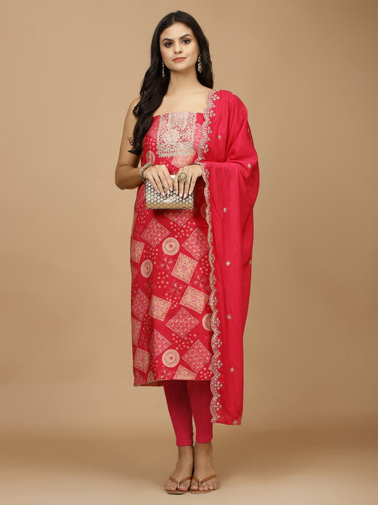 Neck Embroidery & Printed Cotton Unstitched Suit With Dupatta